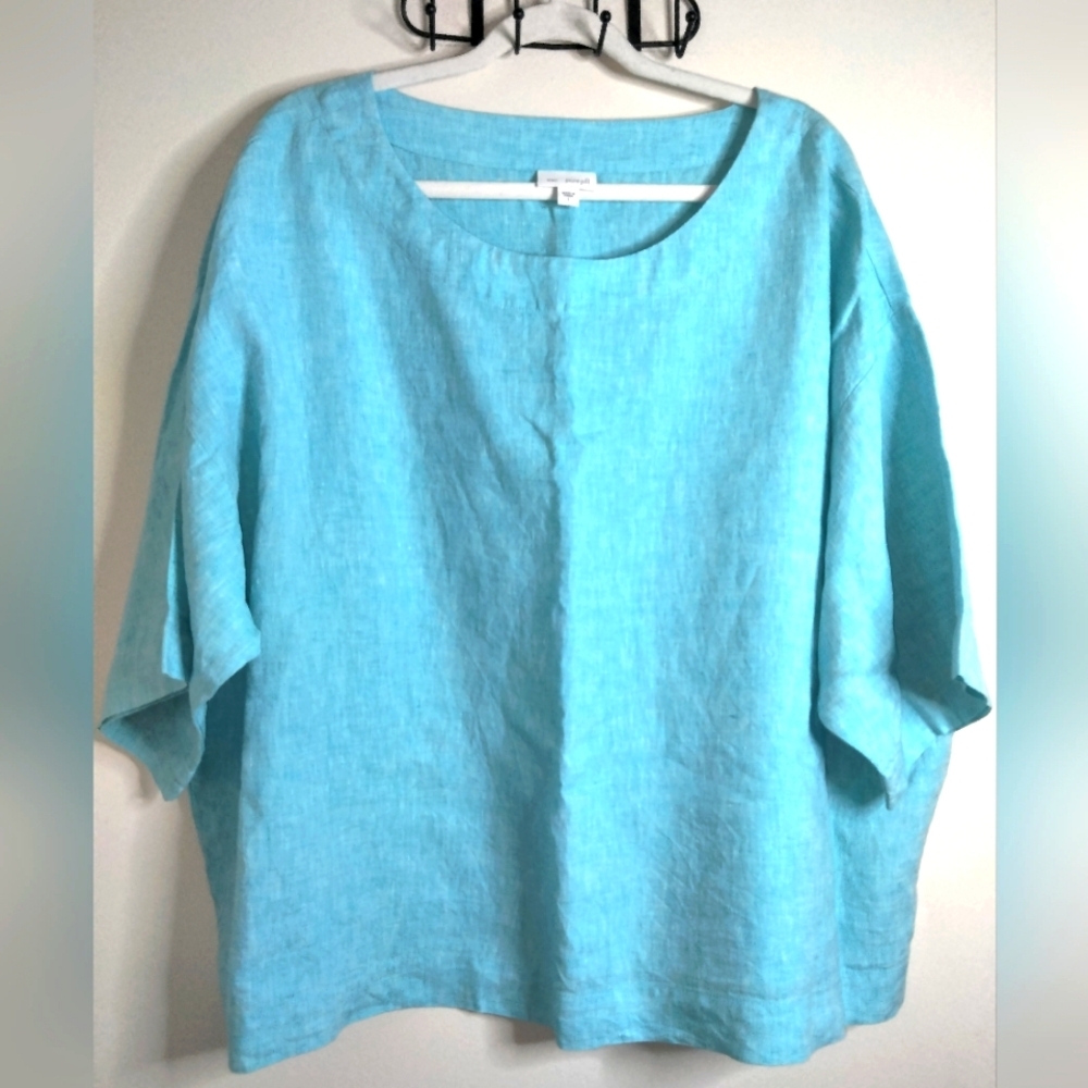 J. Jill (Size L) Sky Blue Wide Sleeve Boat Neck 100% Linen "PureJill" Top